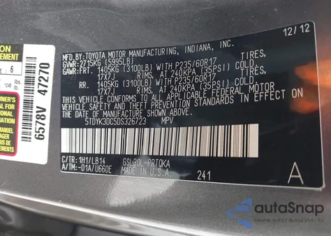 2013 Toyota Sienna Xle V6 8 Passenger z USA, uszkodzony, nr VIN 5TDYK3DC5DS326723